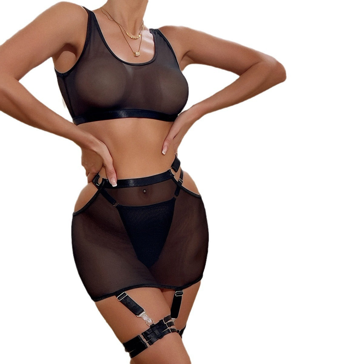 Seductive Transparent Sexy Mesh Top Women's Lingerie Four-Piece Set