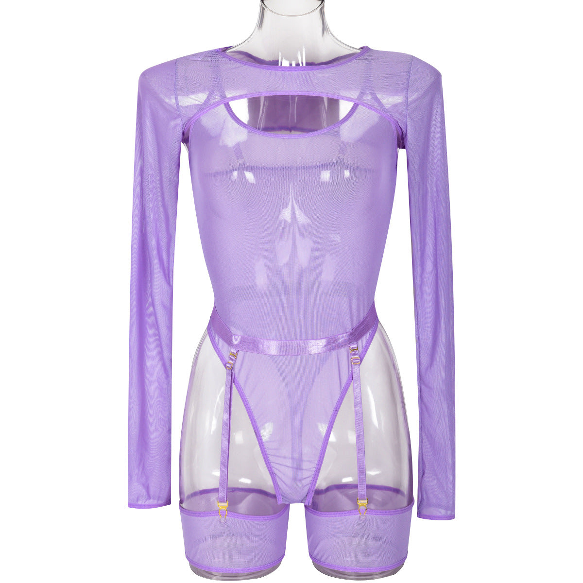 Elastic Mesh See-Through Color Block Outerwear Long Sleeve with Strap Jumpsuit Lingerie Three-Piece Set