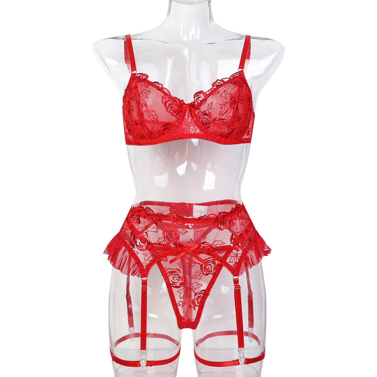 Valentine's Day Red Rose Flower Embroidery Waist-Cinching Sexy Lingerie European and American Style Erotic Three-Piece Set for Women