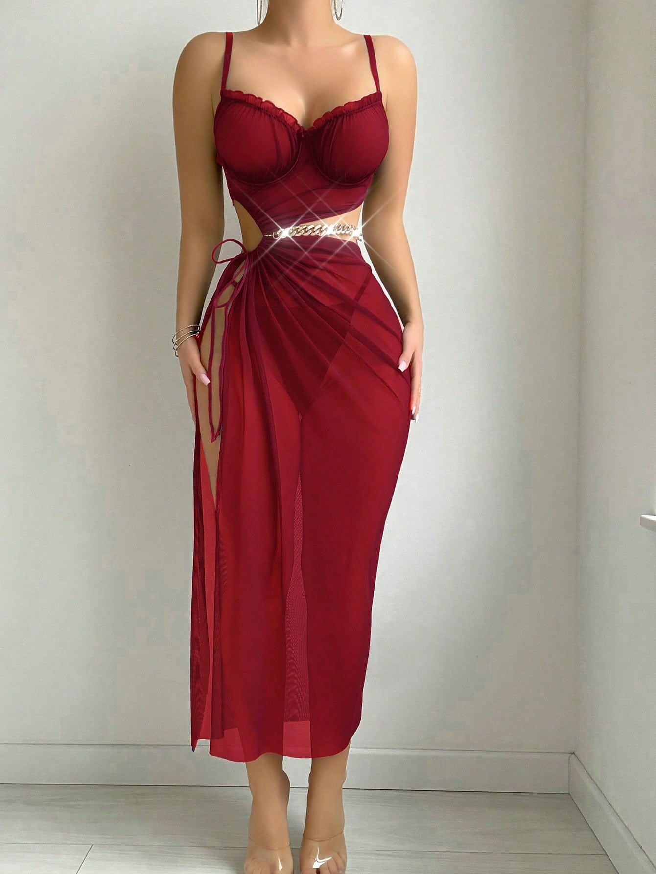 Summer new red hanging neck and exposed navel top paired with slit skirt sexy lingerie for women