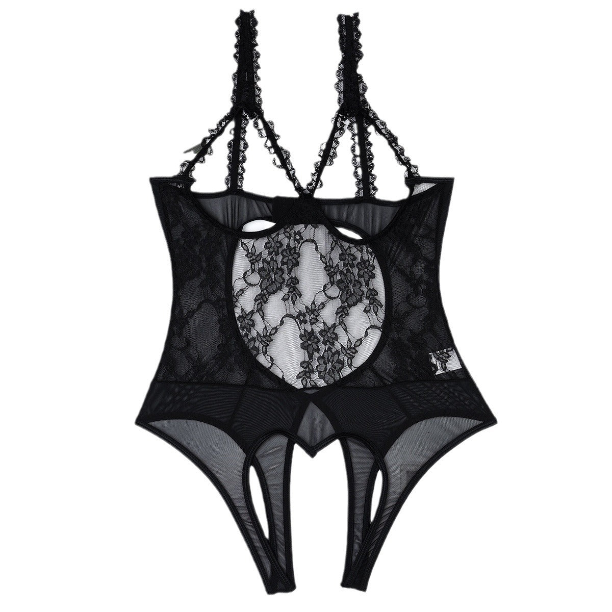 Seductive Transparent Sexy Exposed Bustwear Style Lingerie Lace Sexy Heart-shaped Strap Open-crotch Bodysuit