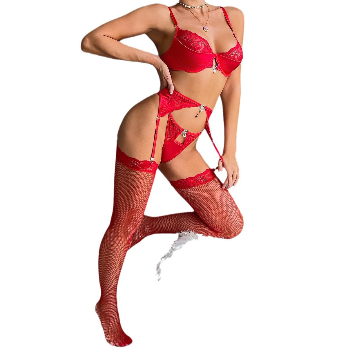 Christmas Valentine's Day Red New Year Gift Lace Splicing Pendant Sexy Lingerie Four-Piece Set