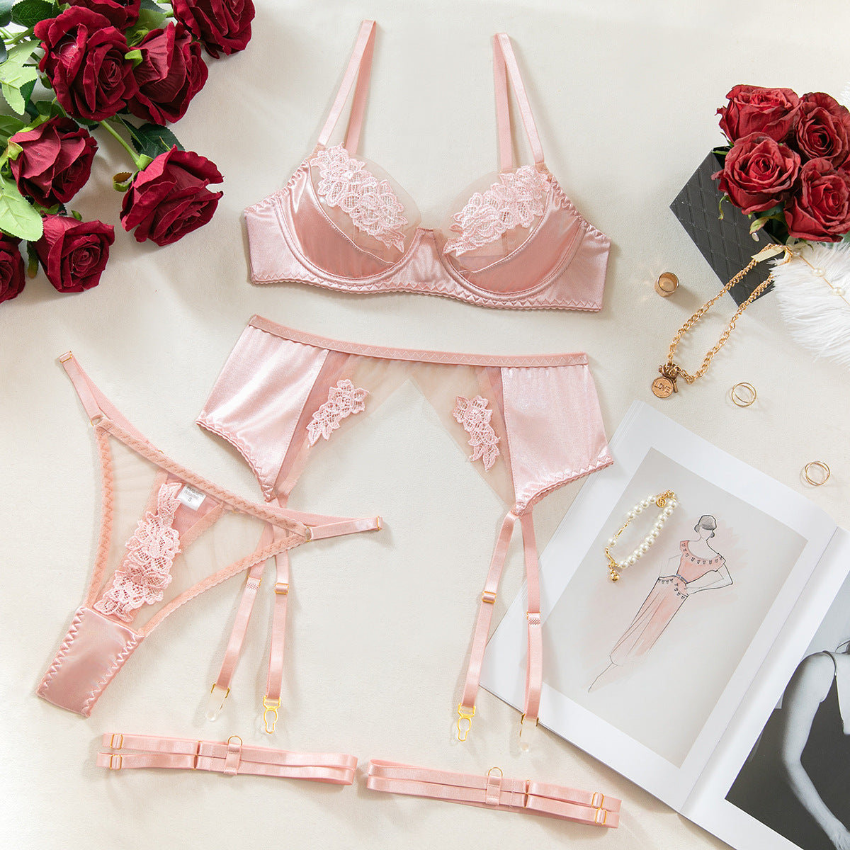 Sexy Style Red Lingerie Set with Mesh Splicing, Embroidered Floral Bra and Garter Belt