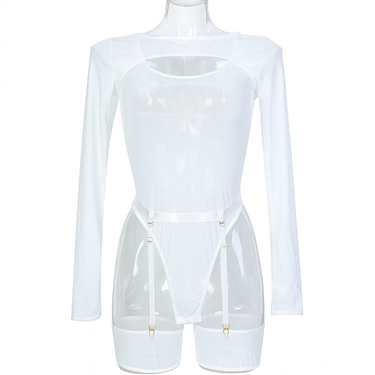 Elastic Mesh See-Through Color Block Outerwear Long Sleeve with Strap Jumpsuit Lingerie Three-Piece Set