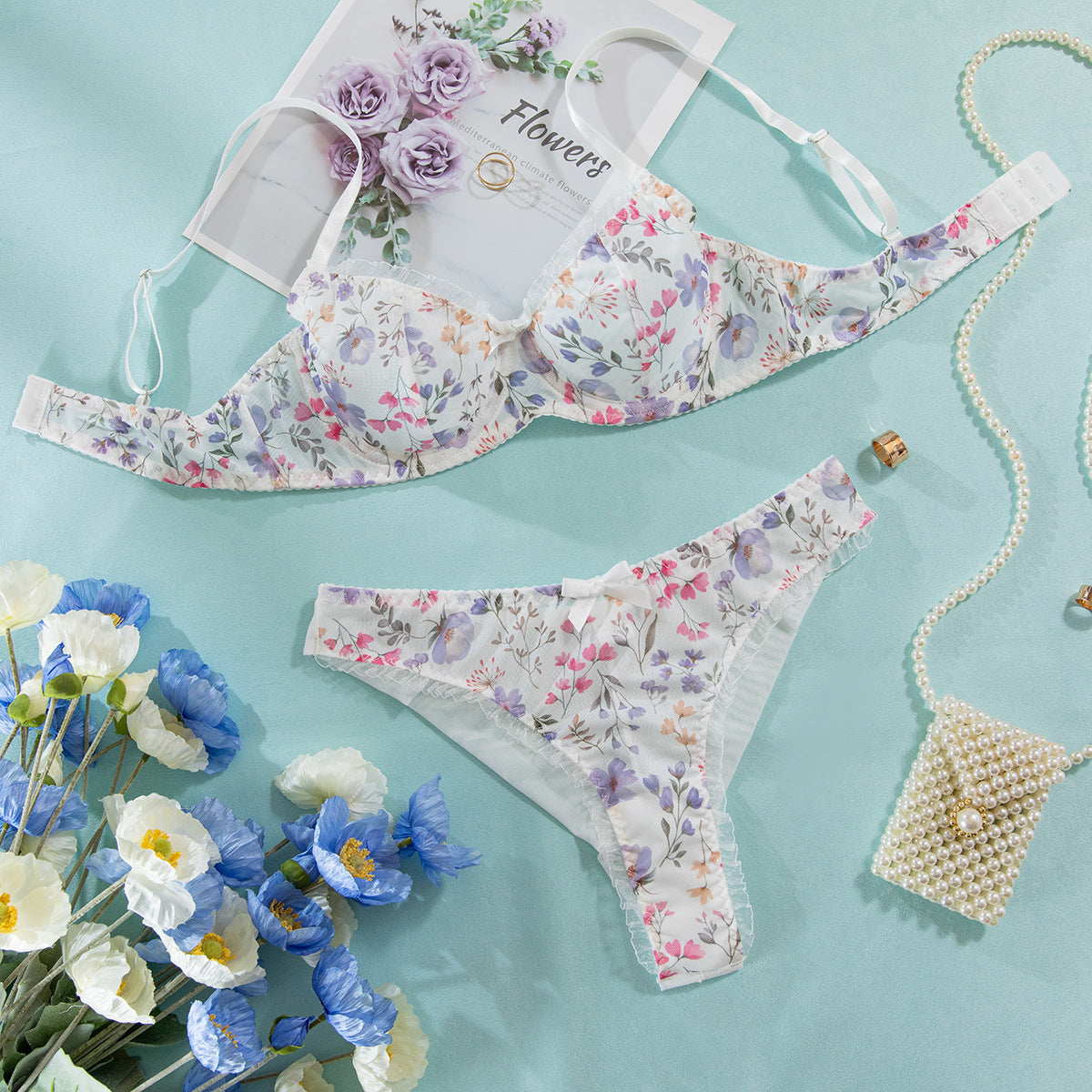 Sexy Mesh Hollow-out Bra Set with Butterfly Knot for Pure Desire Girls - Three-Piece Lingerie Suit