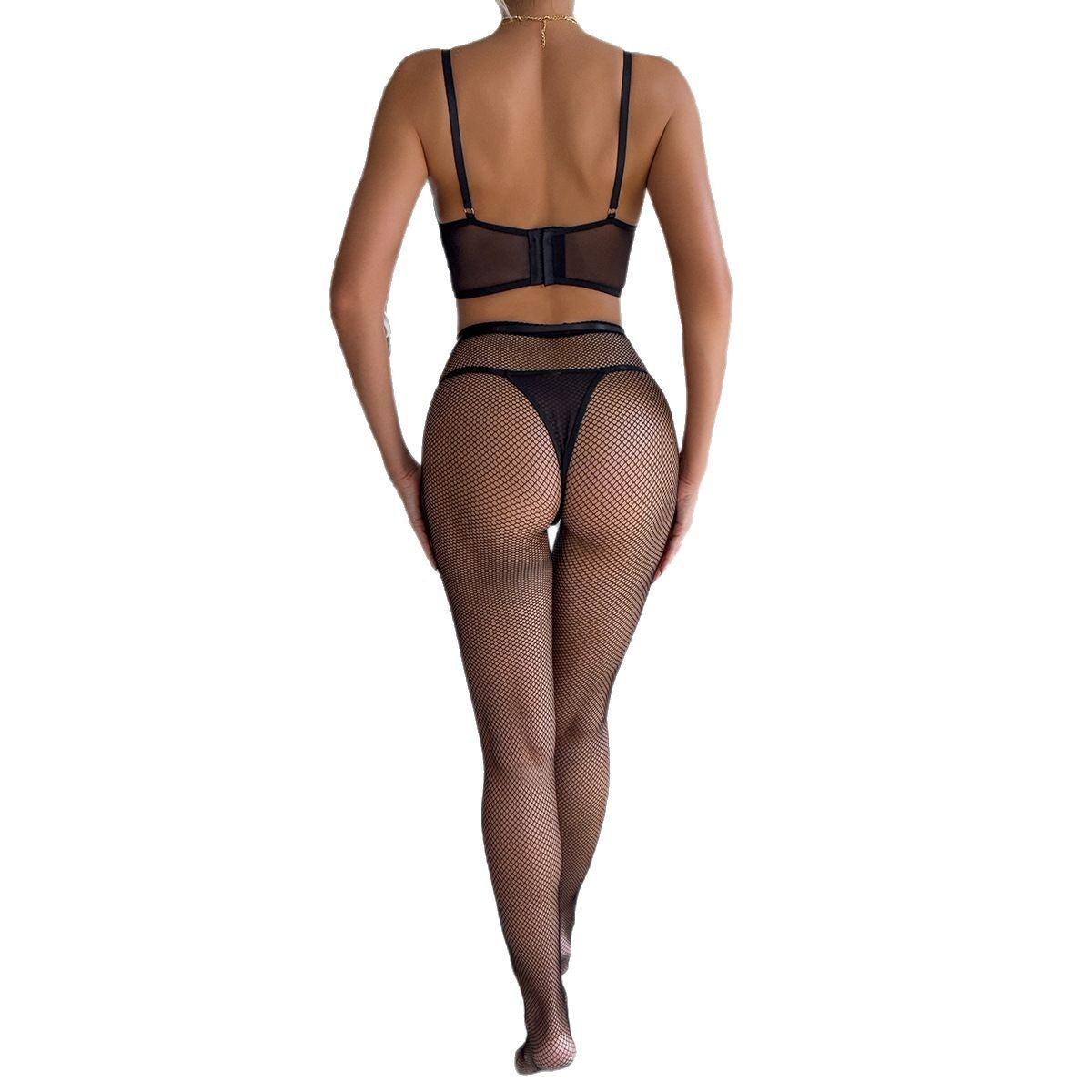 Delicate Small Floral Hollow Design Complex Three-Piece Silk Stocking Sexy Lingerie Set