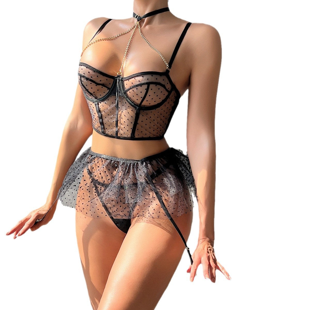 European and American Cross-border E-commerce Polka Dot Lingerie Three-piece Set Close-fitting Sexy Chain with Steel Ring Transparent Women's Underwear