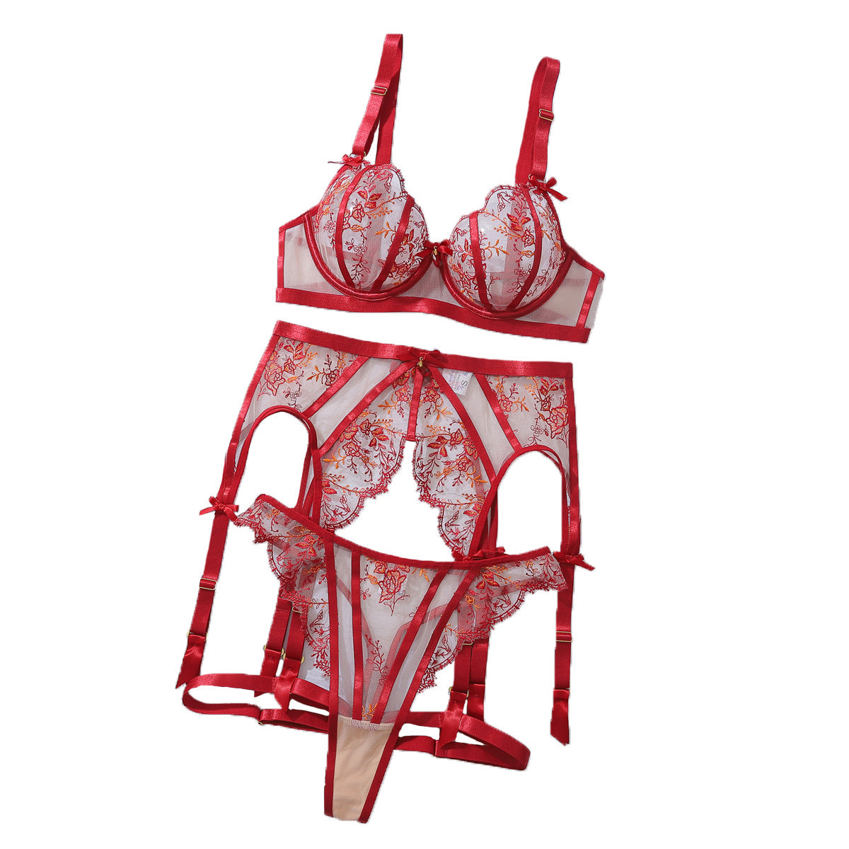 Embroidered thin steel holder gathers new floral sexy mesh lingerie set