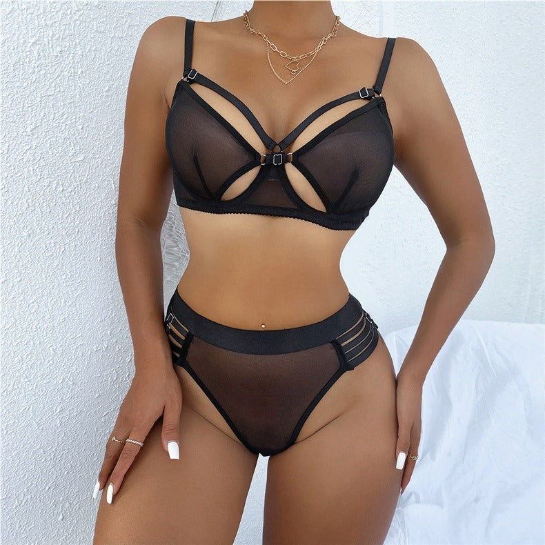 Style New Arrival Transparent Mesh Non-Wired Motorcycle Sexy Lingerie Set