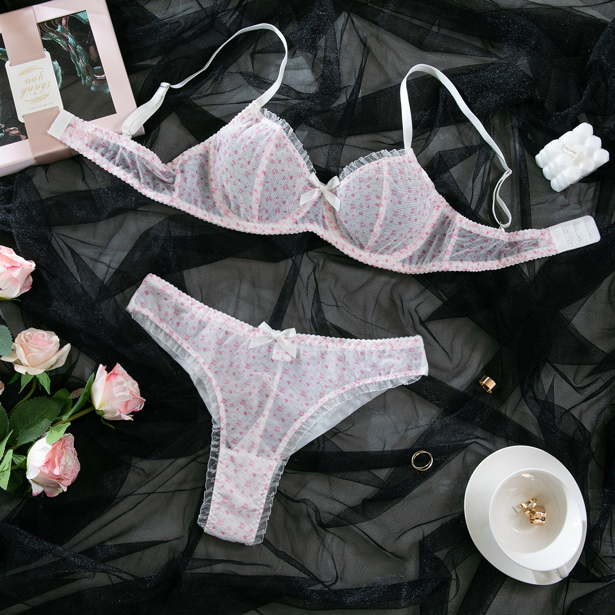 Sexy Mesh Hollow-out Bra Set with Butterfly Knot for Pure Desire Girls - Three-Piece Lingerie Suit