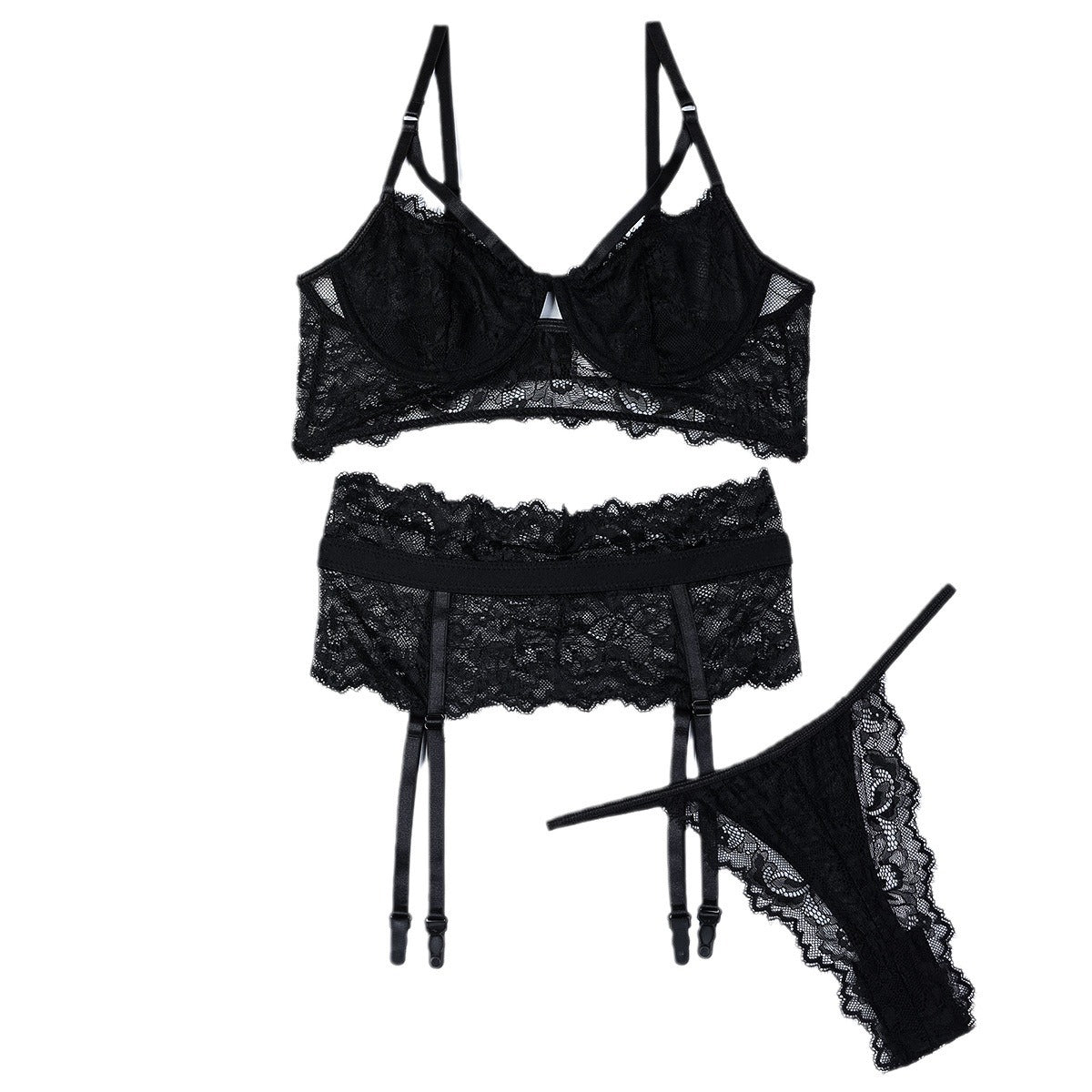 Lingerie Sexy Lace Sheer Three-Piece Set Black Transparent Underwear