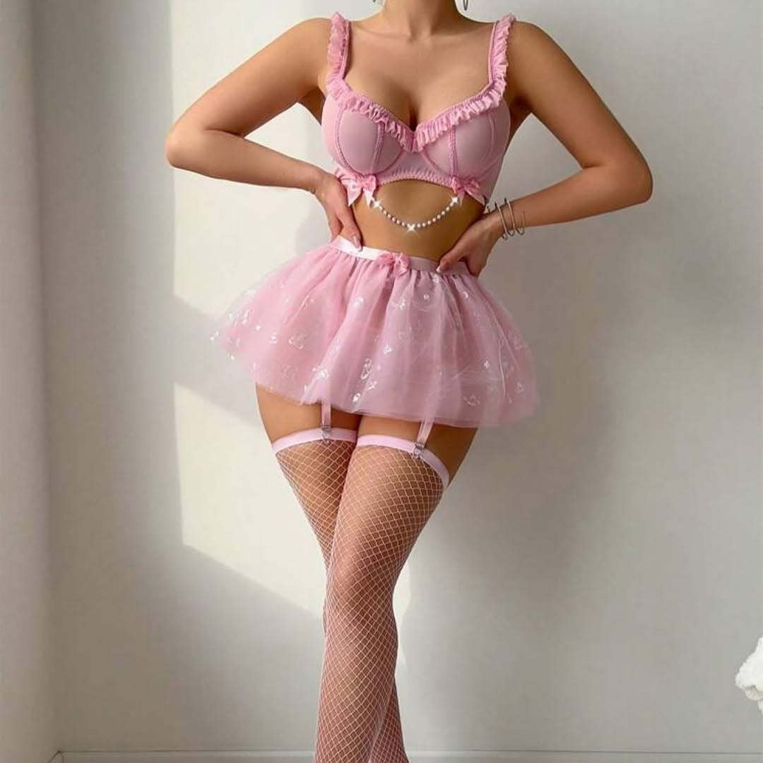 Cross-border Foreign Trade Fashion Simple Sexy Beaded Chain Transparent Mesh Pleated Lace Strap Lingerie Set
