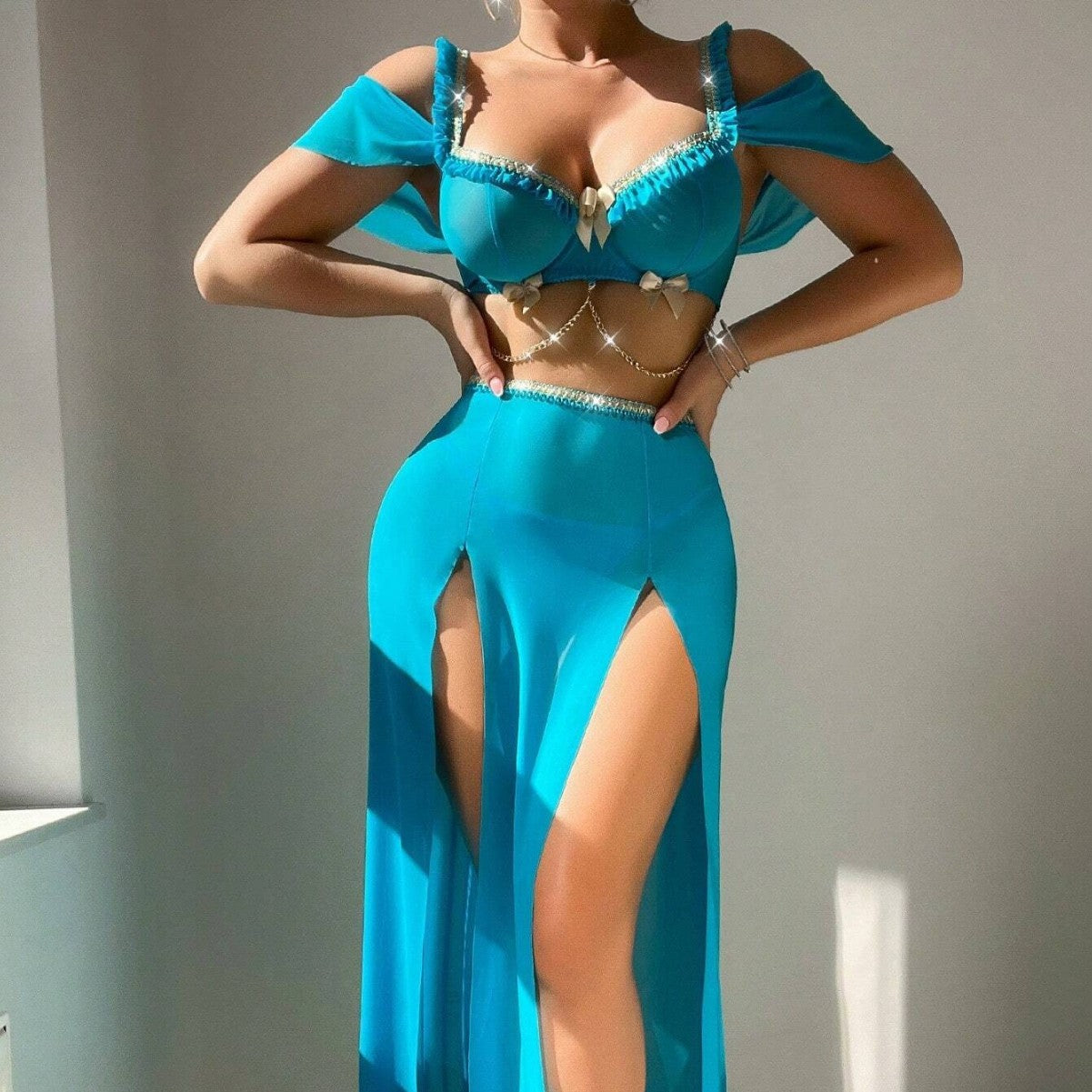 Sexy Bow Chain Strap Pure Desire High Slit Dress Lingerie Set