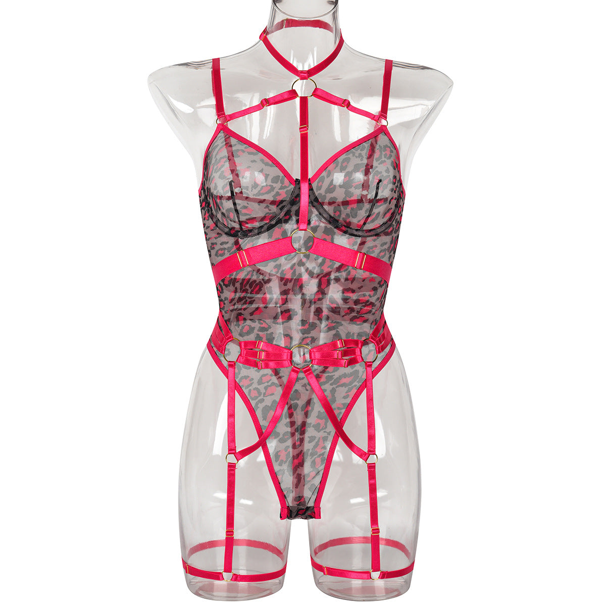Cross-border  New Leopard Print Sheer Mesh Bandage Lingerie with Steel Ring Sexy Shapewear Bodysuit
