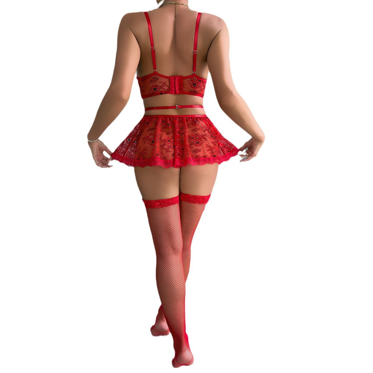 Muse New European and American Style Sexy Lingerie Red Lace Transparent Four-Piece Set Festival Dress for Women