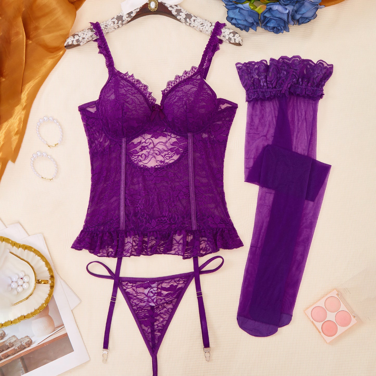 Purple Lace Garter Belt Sexy Camisole Set Lingerie Bra Set Stocking Garter Belt Temptation