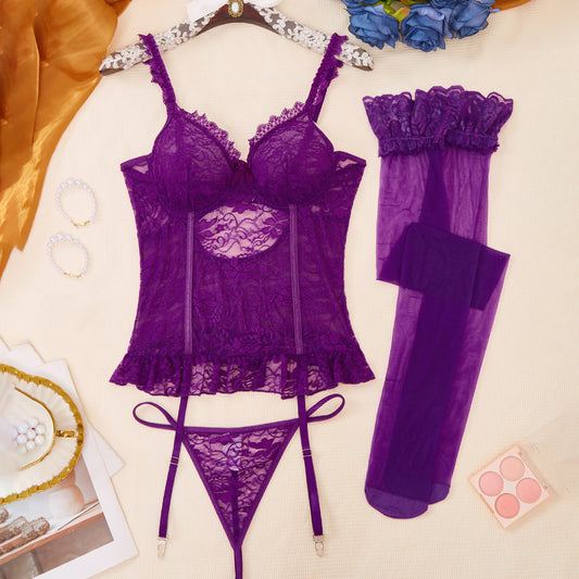 Purple Lace Garter Belt Sexy Camisole Set Lingerie Bra Set Stocking Garter Belt Temptation