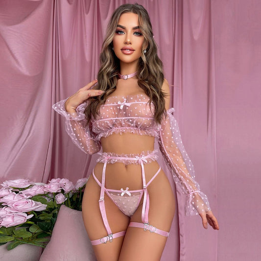 Love mesh one-piece lace backless transparent sexy lingerie bra set