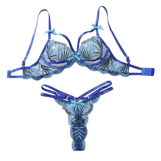 Thin embroidered sexy hollow out lingerie two-piece set for women