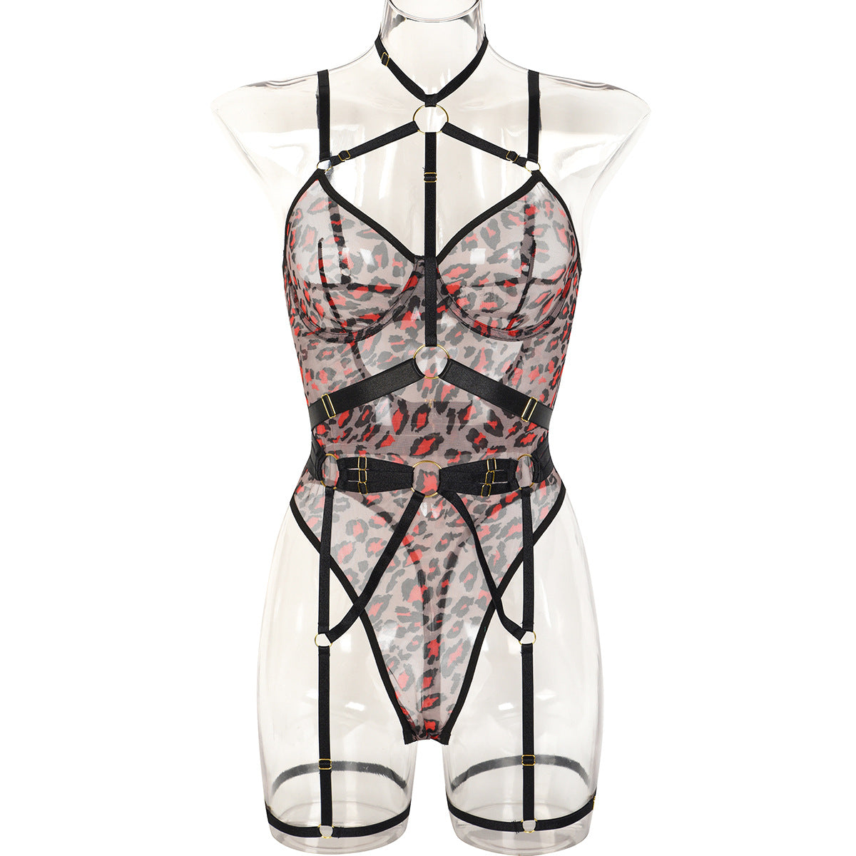 Cross-border  New Leopard Print Sheer Mesh Bandage Lingerie with Steel Ring Sexy Shapewear Bodysuit