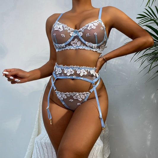 Sexy Lingerie Set for Women - Mini Floral Embroidered Bra with Underwire and Matching Set