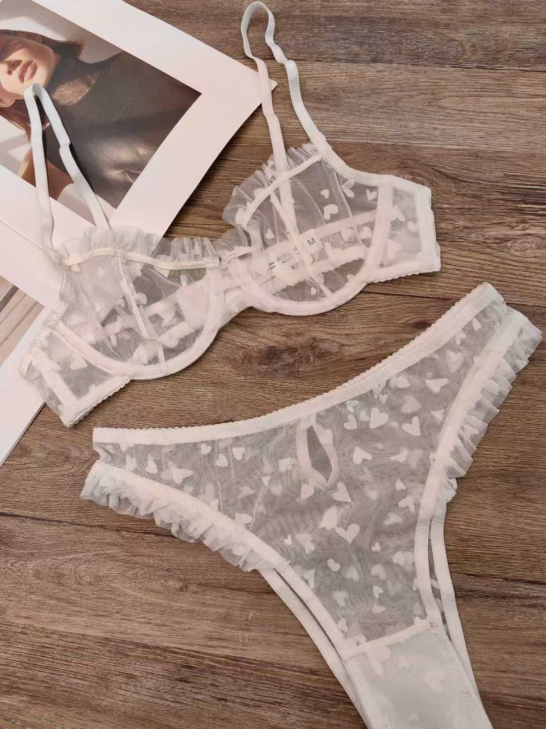 Sexy Lingerie Lace Underwear Ultra-thin Transparent Heart-shaped Print Women's Underwear Set Large Chest Minimizer Bra