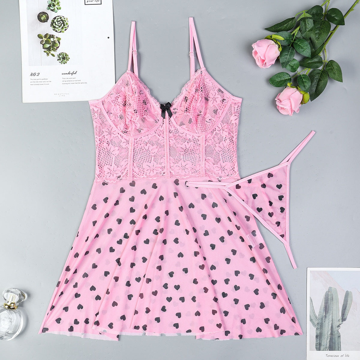 Pink Heart Temptation Cute Dressing Strap Nightgown Transparent Lingerie Set Two-Piece Thong Women