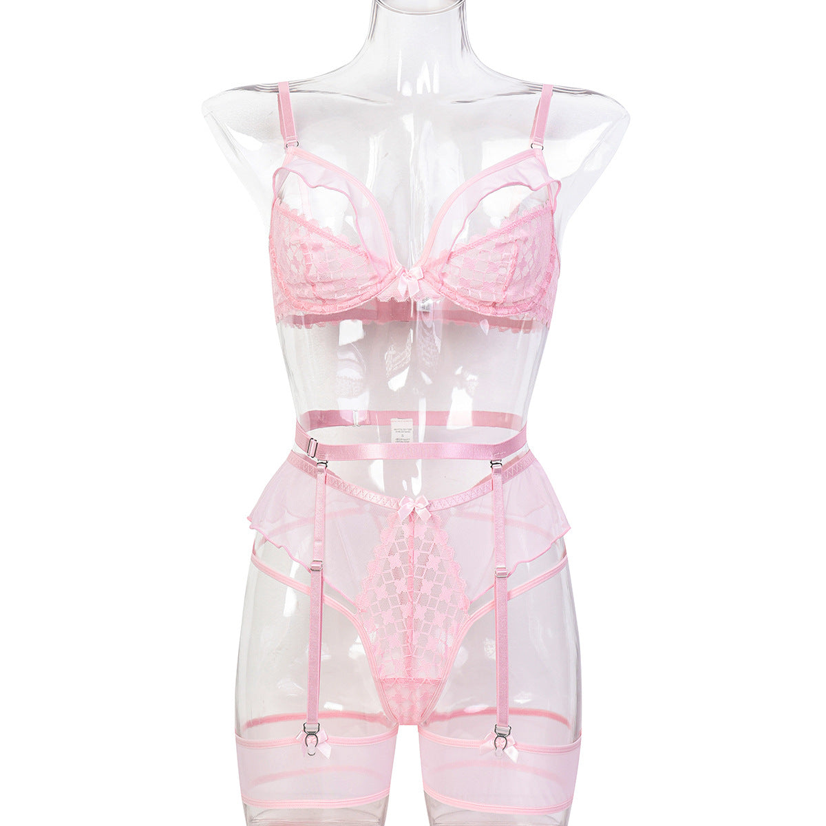 Sexy Half-Cup Lace Hollow Wave Wooden Edge Slightly Sheer Lingerie Set for Women