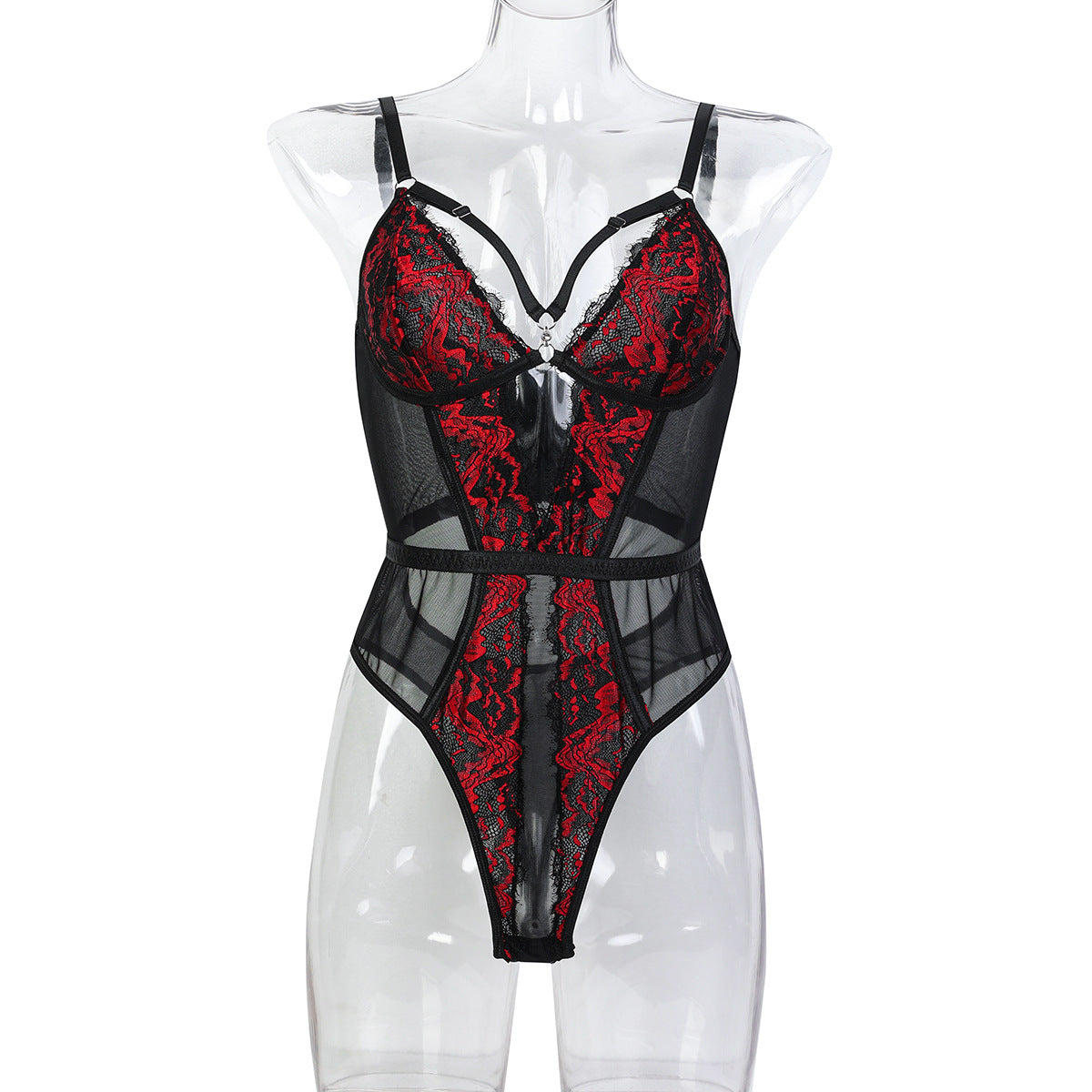 High-Quality Sexy Lingerie European and American Goddess Aura Black and Red Elastic Lace Color-Blocking Strap Bodysuit