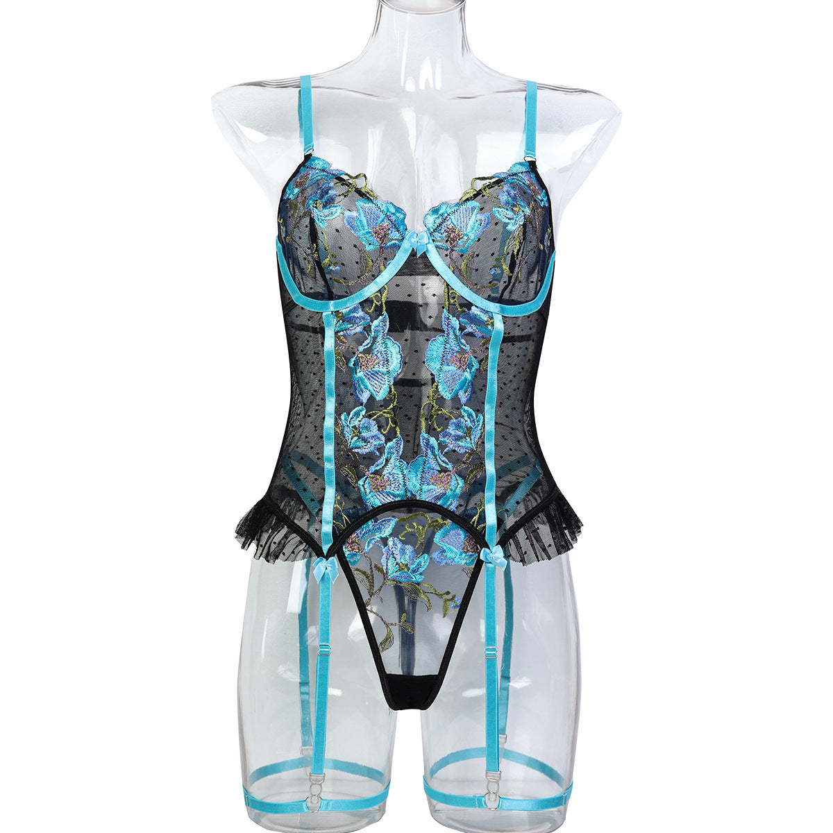 Sexy Lingerie European and American Floral Embroidery Spliced Elastic Polka Dot Pleated Strap Two-Piece Set