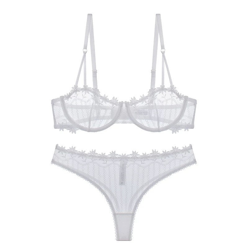 Sexy Underwear Ultra-thin Transparent Half Cup Embroidered Lace Bra Large Chest Minimizer Plus Size Lingerie Set