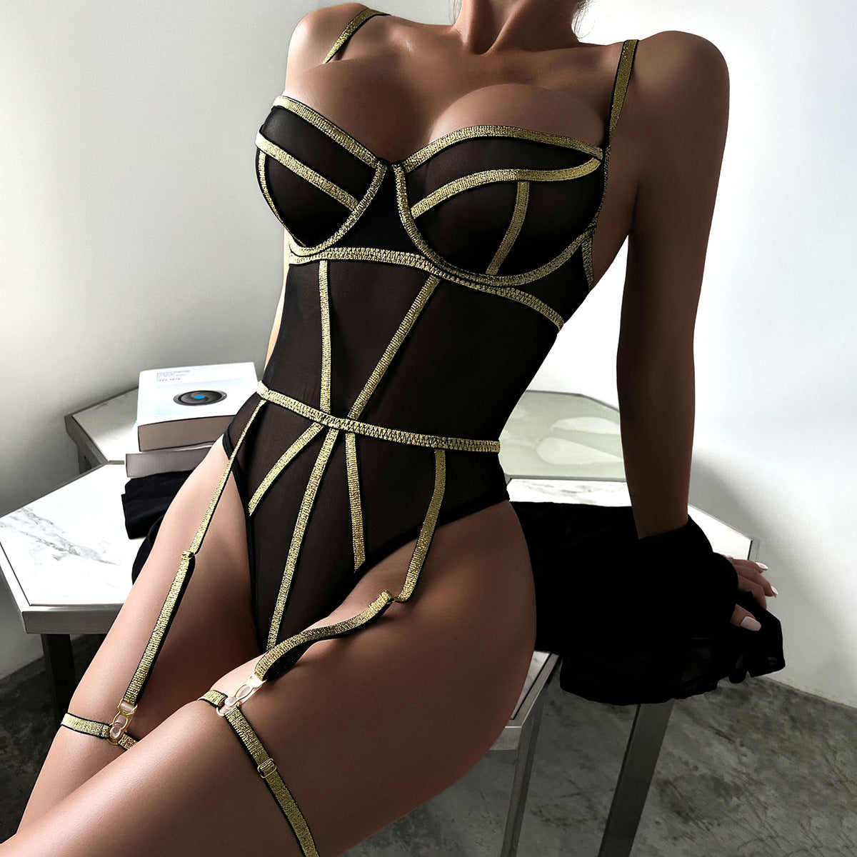 Lingerie  Style Sexy Underwear Bodysuit Golden Silk Elegant Lines Lace Splicing Girl's Strapless Top