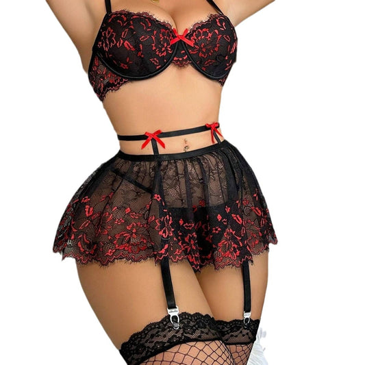 Lace and lace sexy backless see through lingerie set women's four piece set