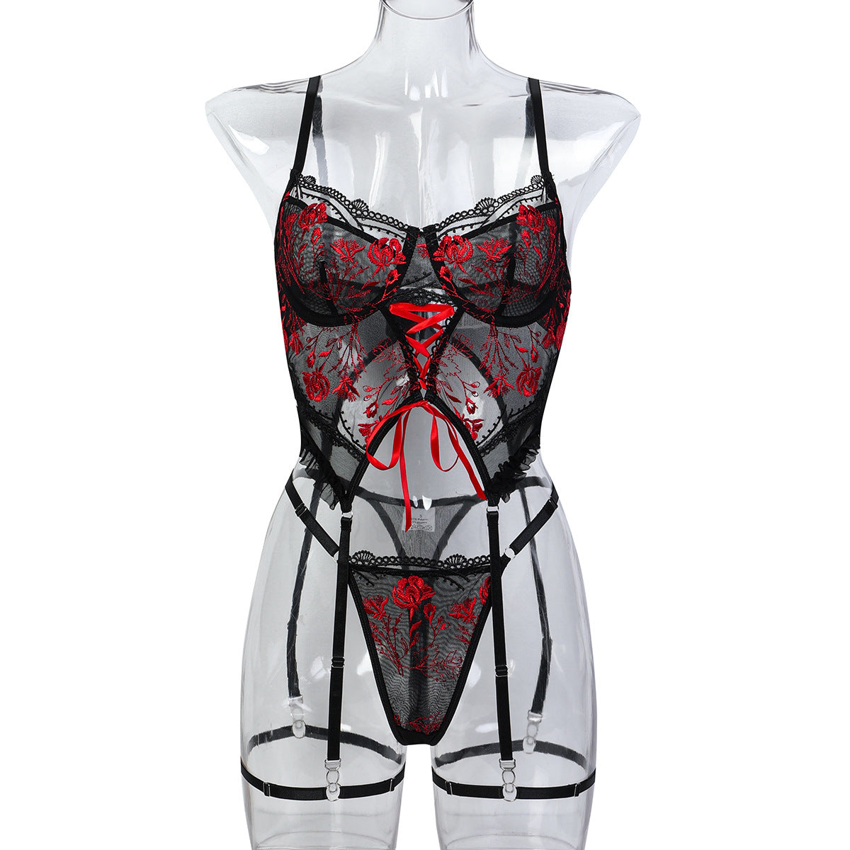 Floral Embroidery Cross-Tie Women's Sexy Lingerie Set