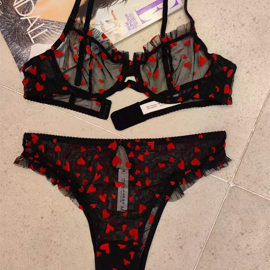 Sexy Lingerie Lace Underwear Ultra-thin Transparent Heart-shaped Print Women's Underwear Set Large Chest Minimizer Bra