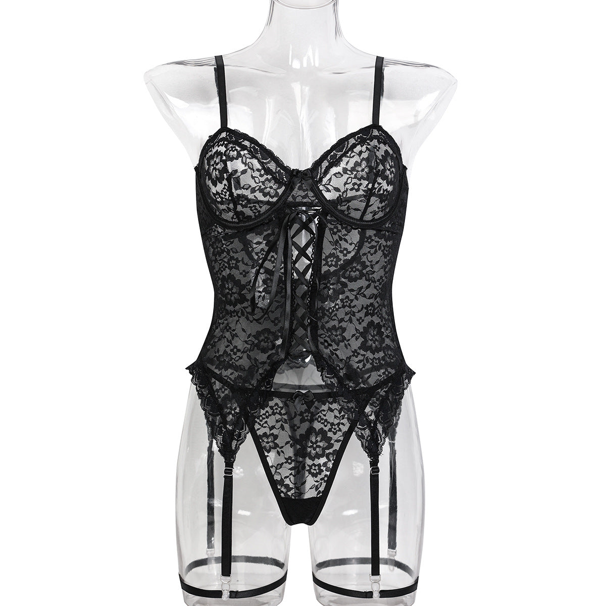Sexy Lingerie Lace Jacquard Transparent Strap Tied Cross Sling Two-Piece Underwear Set