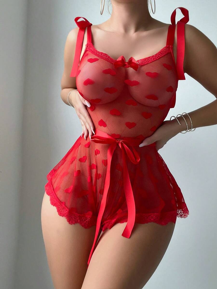 Sexy Mesh Transparent Heart-Shaped Lace-Up One-Piece Lingerie Set