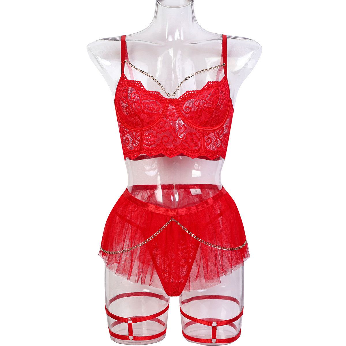 Cross-border Foreign Trade Lingerie Red Lace Metal Chain Transparent Mesh Fluffy Mini Skirt Four-piece Set
