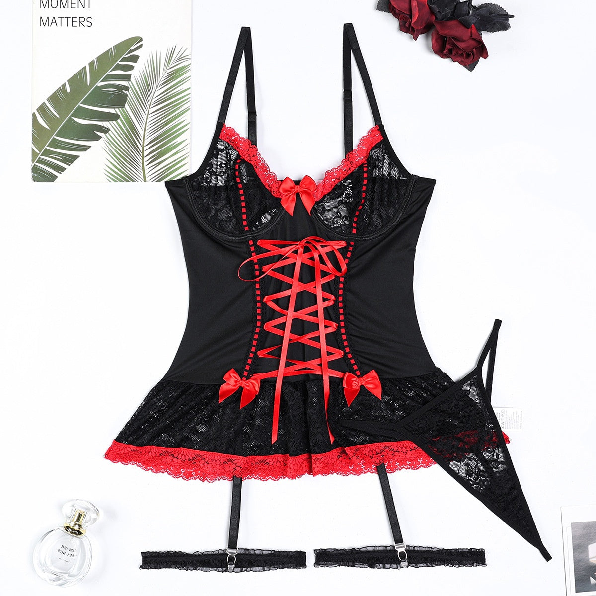 Style Lingerie Pure Desire Lace Cross-Tied Bow Black and White Cute Girl Set