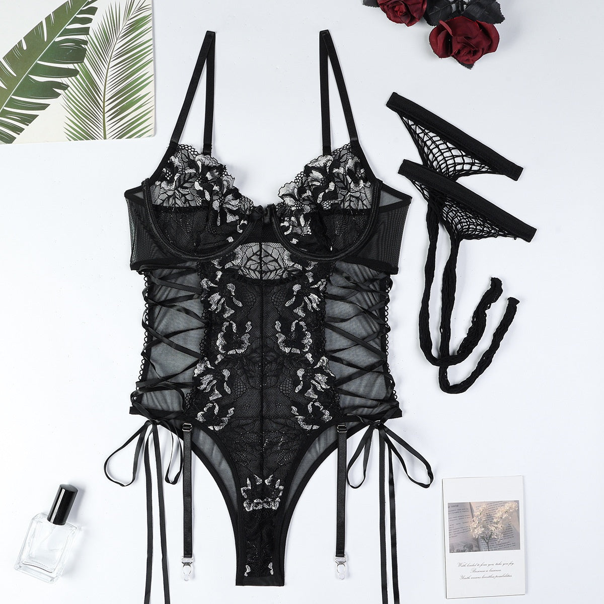 Muse Sexy Lingerie Lace Hollow-out Strap with Steel Ring Sling Two-color Jumpsuit