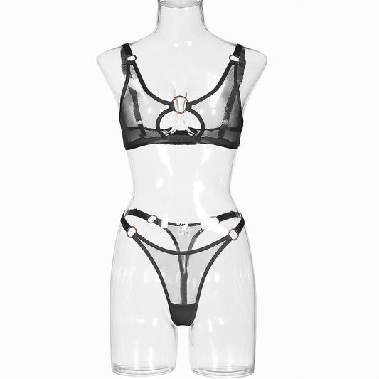 Minimally designed underwire bra set with sexy perspective mesh and erotic lingerie two-piece set