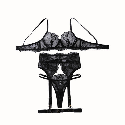 Embroidered lace perspective gathering slimming and shaping sexy lingerie set with steel ring