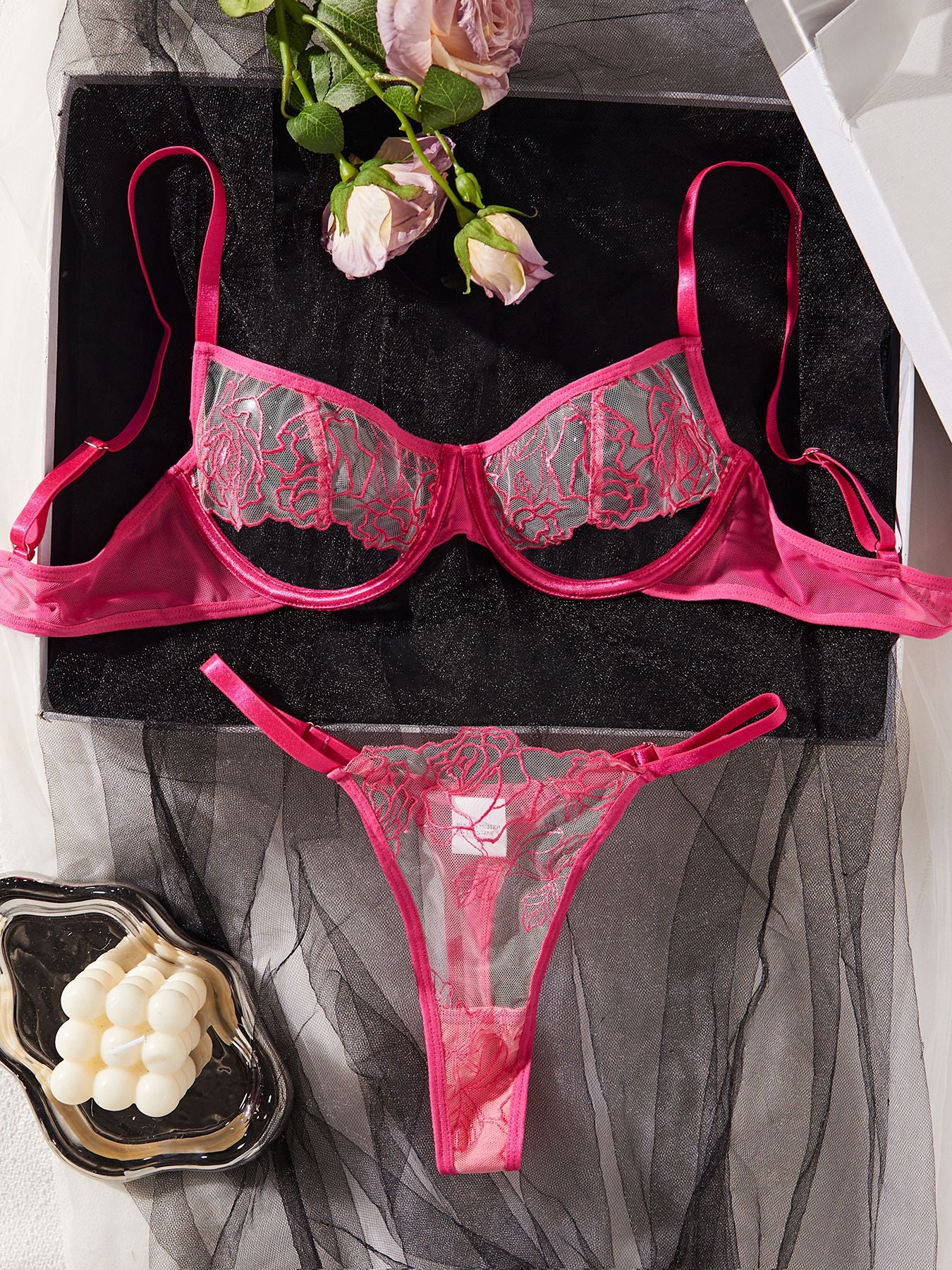 Sexy hollow rose embroidery mesh splicing perspective lingerie two-piece set