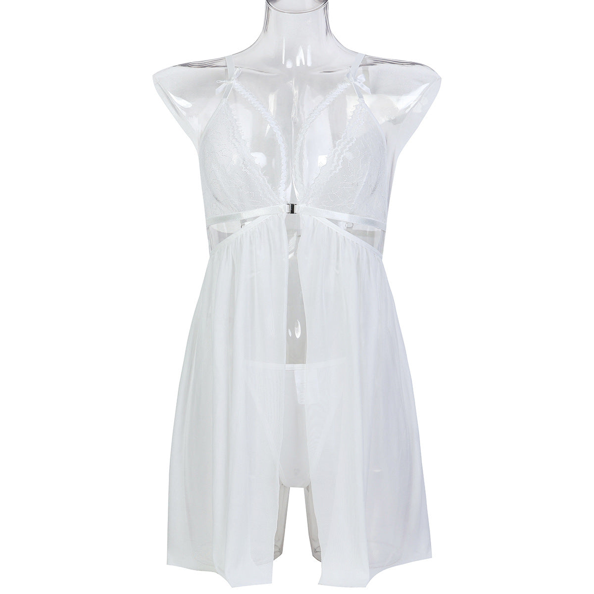 Sexy Lingerie White Pure Desire Strapless Mesh Transparent Nightgown Two-Piece Set