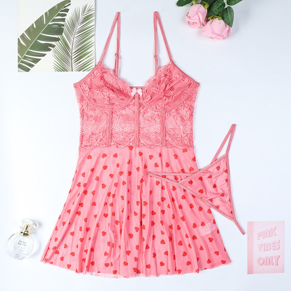 Pink Heart Temptation Cute Dressing Strap Nightgown Transparent Lingerie Set Two-Piece Thong Women