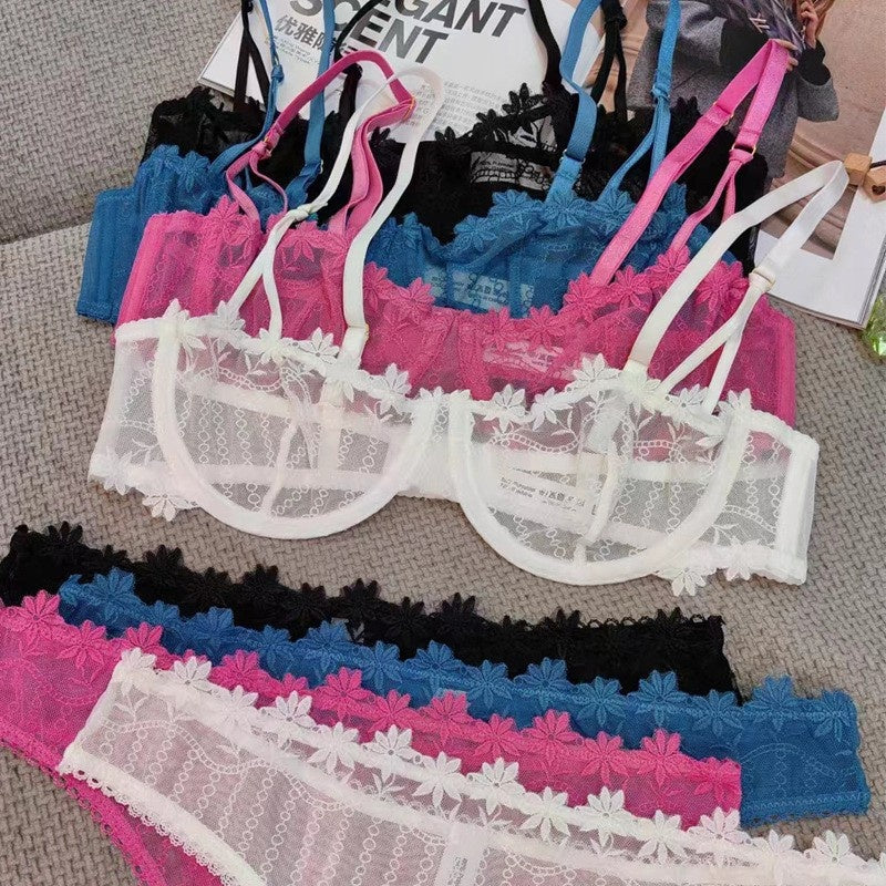 Sexy Underwear Ultra-thin Transparent Half Cup Embroidered Lace Bra Large Chest Minimizer Plus Size Lingerie Set
