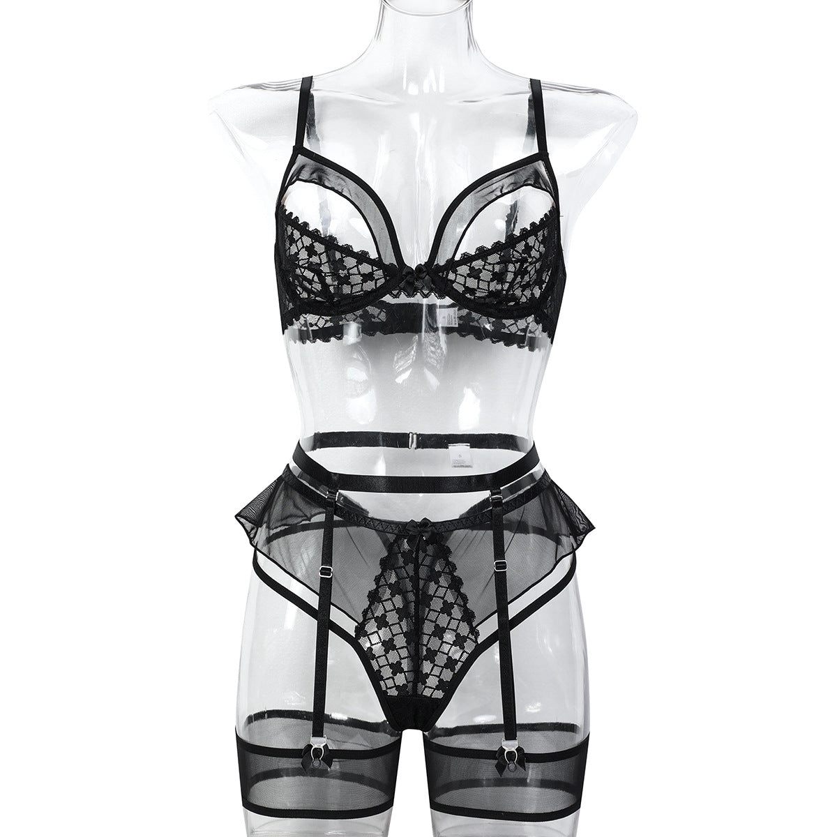 Sexy Half-Cup Lace Hollow Wave Wooden Edge Slightly Sheer Lingerie Set for Women