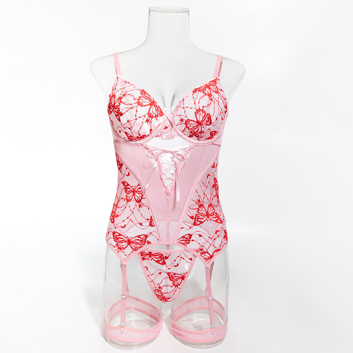 High-Quality Lingerie Set with Butterfly Embroidery Lace Cross-Tied Sexy Three-Piece Set