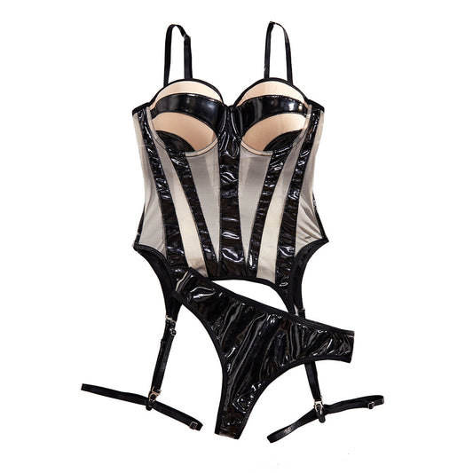 Sexy leather fabric spliced mesh suspender lingerie three piece set