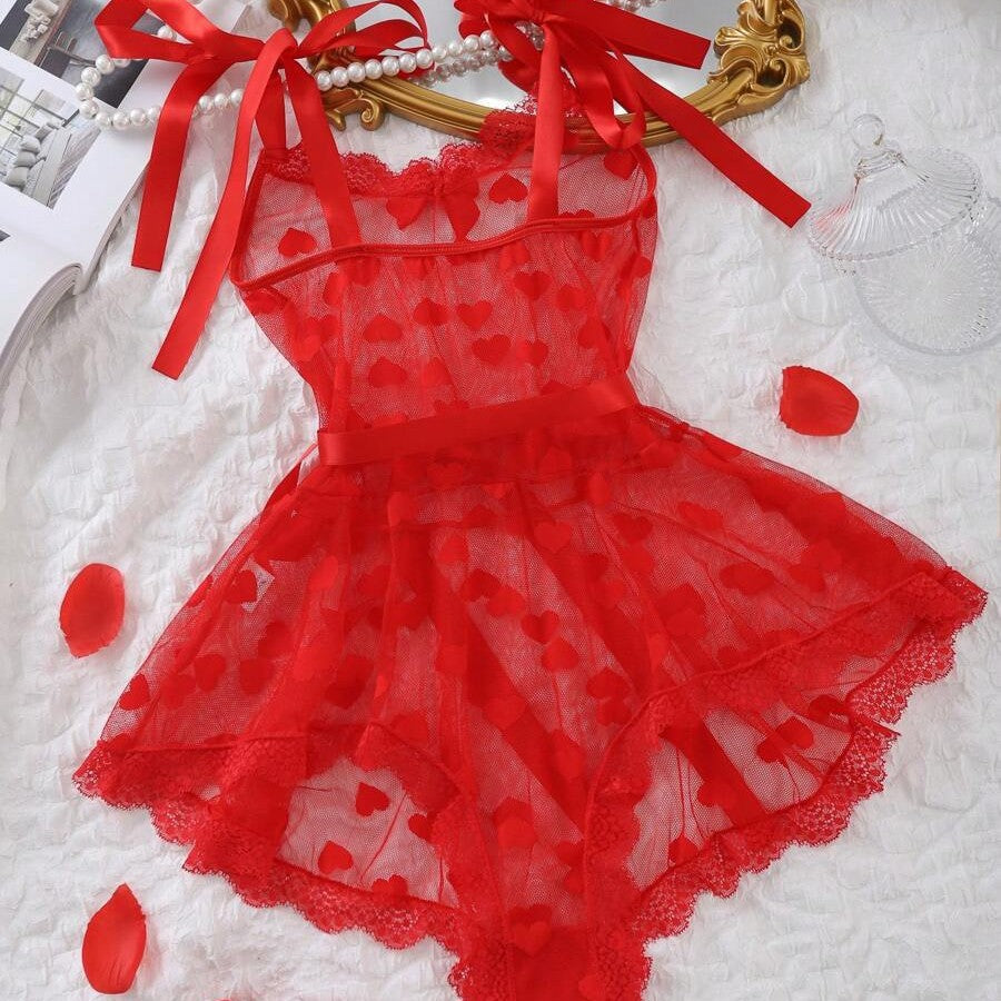 Sexy Mesh Transparent Heart-Shaped Lace-Up One-Piece Lingerie Set